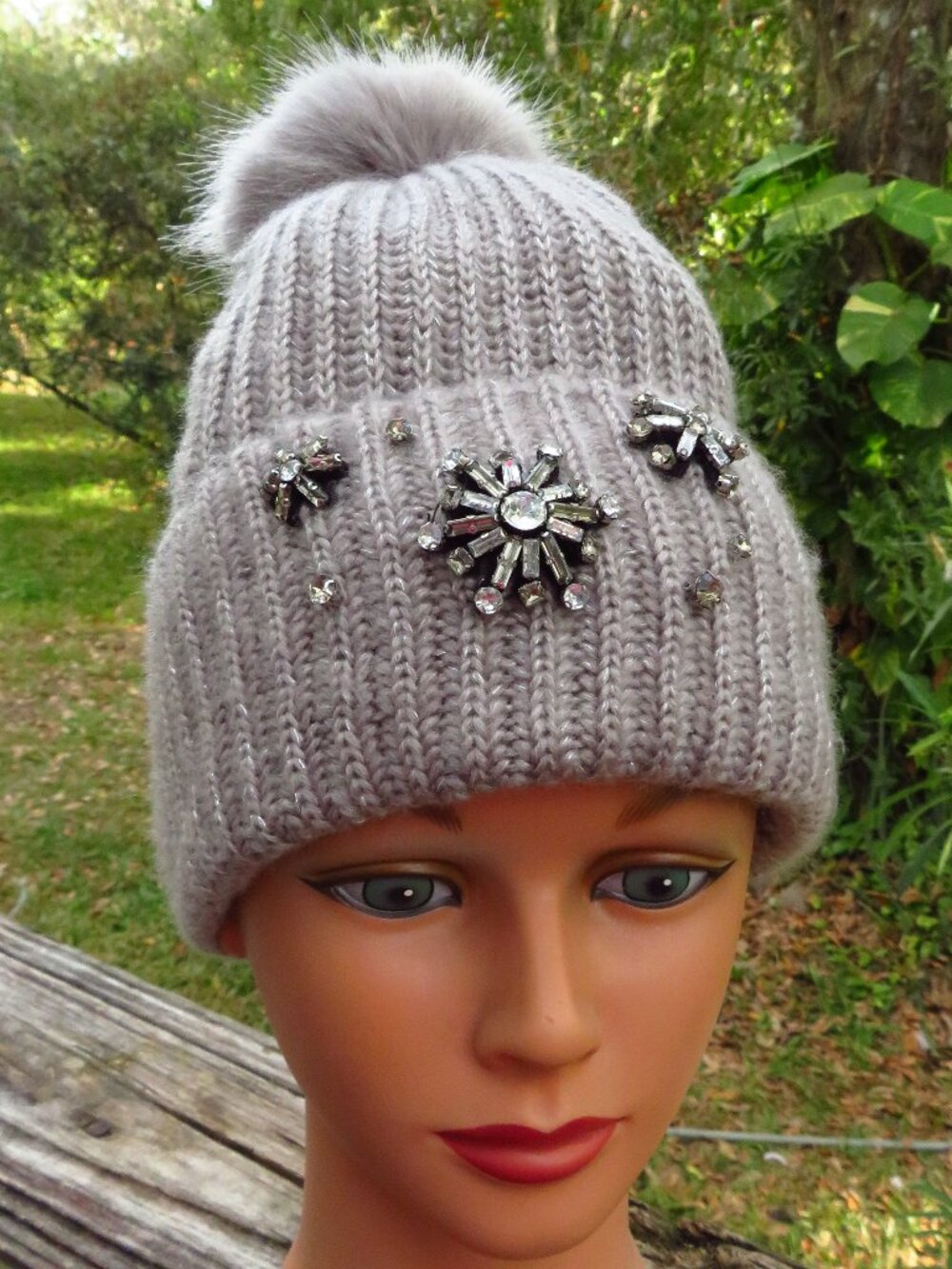 Victoria Secret Gray Rhinestone Bling Beanie Hat Pom Pom